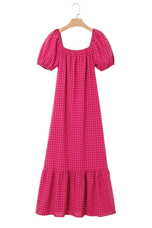 Ginham Check Bubble Sleeve Ruffled Maxi Dress