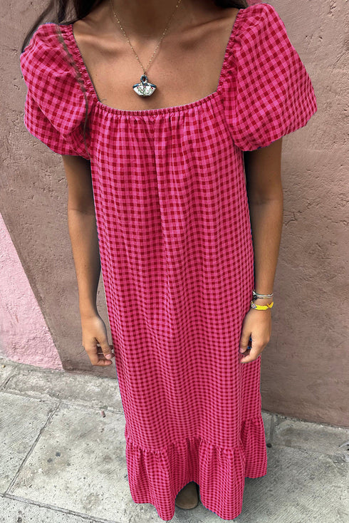 Ginham Check Bubble Sleeve Ruffled Maxi Dress