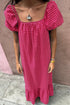 Ginham Check Bubble Sleeve Ruffled Maxi Dress