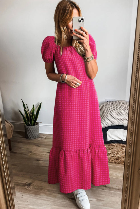 Ginham Check Bubble Sleeve Ruffled Maxi Dress