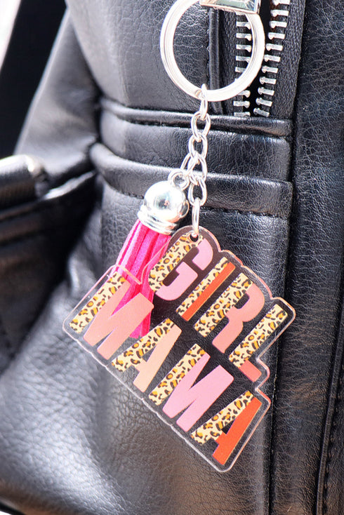 Girl Mama Lettering Wood Disc Tassel Keychain