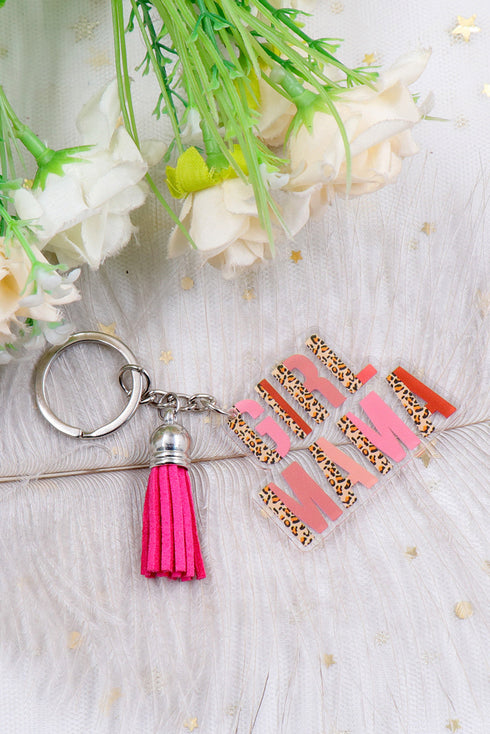 Girl Mama Lettering Wood Disc Tassel Keychain