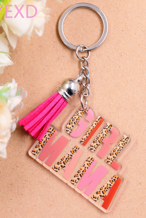 Girl Mama Lettering Wood Disc Tassel Keychain