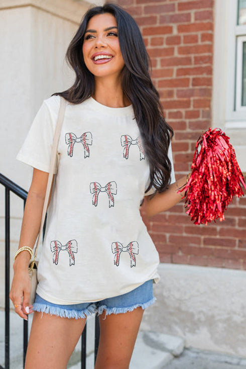 Girly Game Day Glitter Baseball Bow Graphic T-Shirt