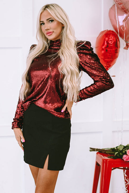 Glamorous Sequin Puff Sleeve Mock Neck Evening Blouse