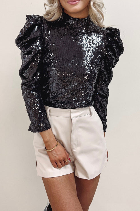 Glamorous Sequin Puff Sleeve Mock Neck Evening Blouse