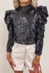 Glamorous Sequin Puff Sleeve Mock Neck Evening Blouse