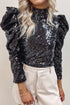 Glamorous Sequin Puff Sleeve Mock Neck Evening Blouse