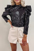Glamorous Sequin Puff Sleeve Mock Neck Evening Blouse