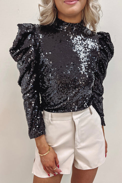 Glamorous Sequin Puff Sleeve Mock Neck Evening Blouse