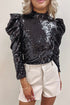 Glamorous Sequin Puff Sleeve Mock Neck Evening Blouse