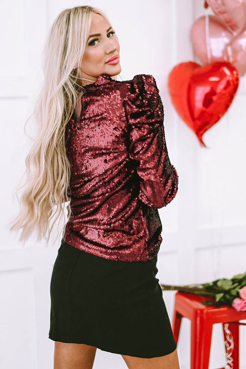 Glamorous Sequin Puff Sleeve Mock Neck Evening Blouse