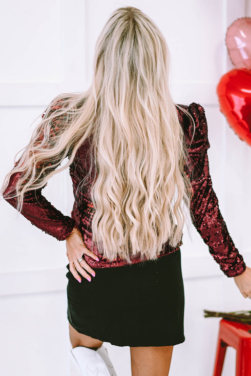 Glamorous Sequin Puff Sleeve Mock Neck Evening Blouse