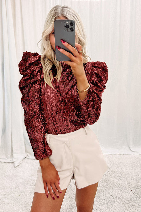 Glamorous Sequin Puff Sleeve Mock Neck Evening Blouse