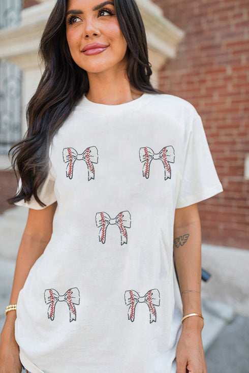 Glitter Baseball Bow Patch Crew Neck Graphic Tee