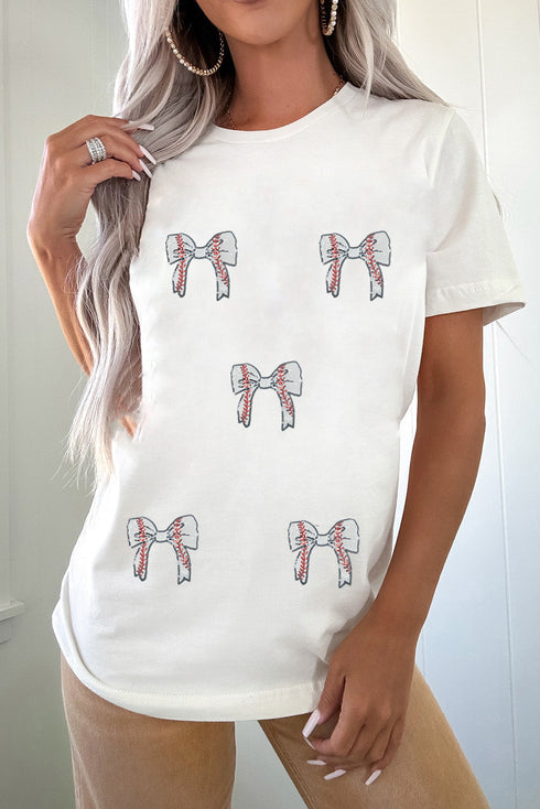 Glitter Baseball Bow Patch Crew Neck Graphic Tee