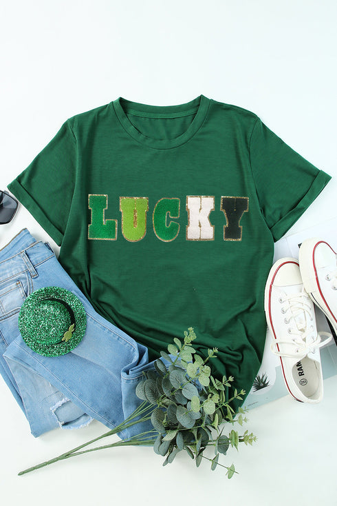 Glitter Chenille Patch Lucky Graphic Crew Neck T Shirt