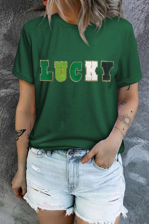 Glitter Chenille Patch Lucky Graphic Crew Neck T Shirt