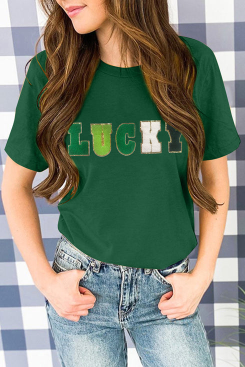 Glitter Chenille Patch Lucky Graphic Crew Neck T Shirt