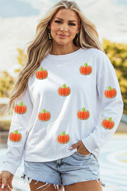 Glitter Chenille Pumpkin Patch Graphic Long Sleeve Tee