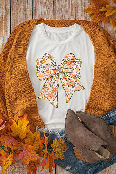 Glitter Floral Bow Print Cotton Blend Short Sleeve Tee