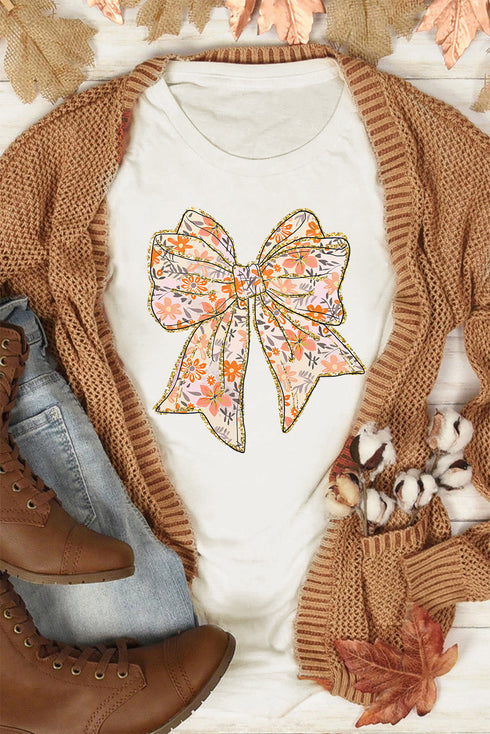 Glitter Floral Bow Print Cotton Blend Short Sleeve Tee