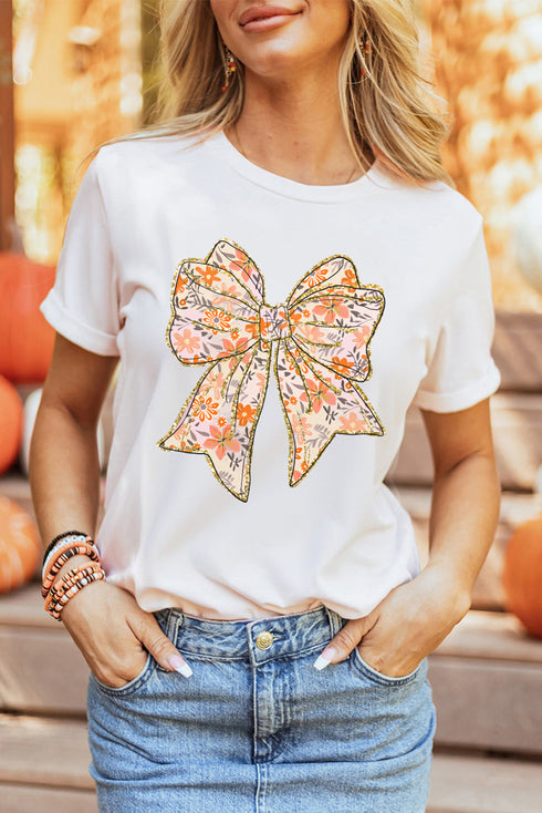 Glitter Floral Bow Print Cotton Blend Short Sleeve Tee
