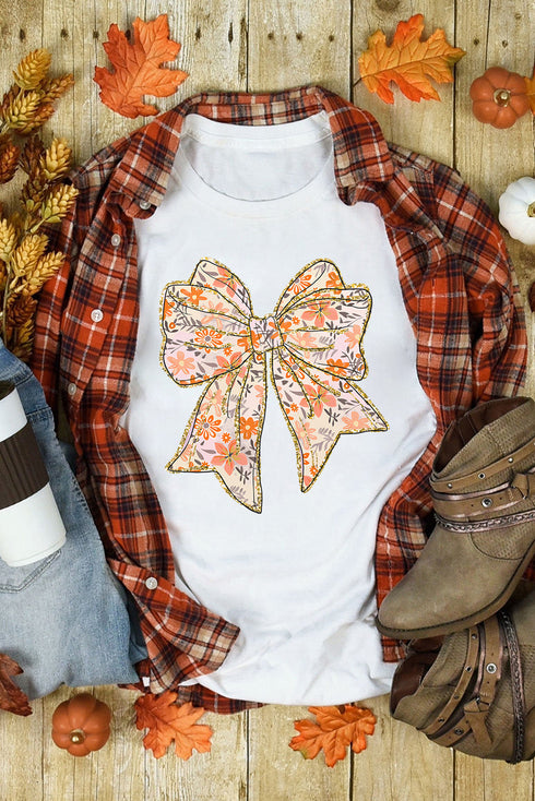 Glitter Floral Bow Print Cotton Blend Short Sleeve Tee
