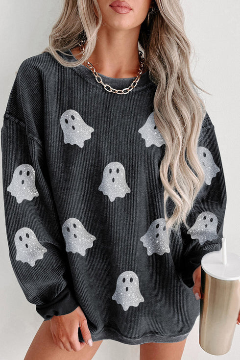 Glitter Ghost Graphic Ribbed Corduroy Texture Sweatshirt
