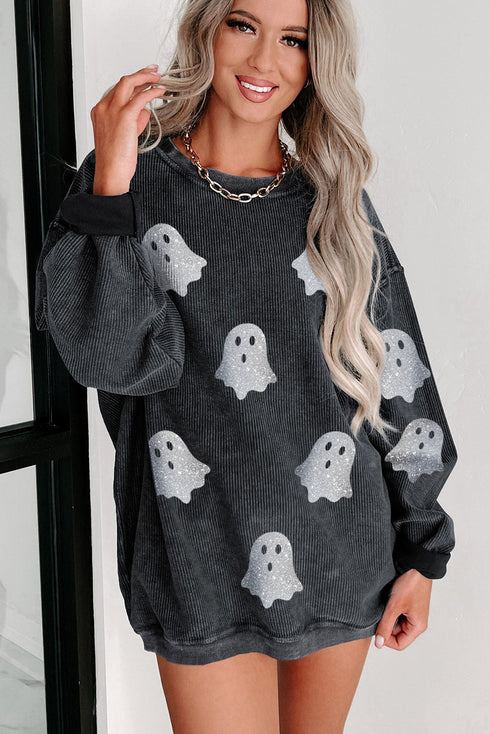 Glitter Ghost Graphic Ribbed Corduroy Texture Sweatshirt