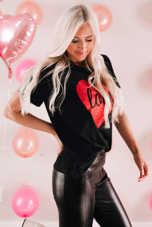 Glitter Heart Graphic Print Short Sleeve Tee