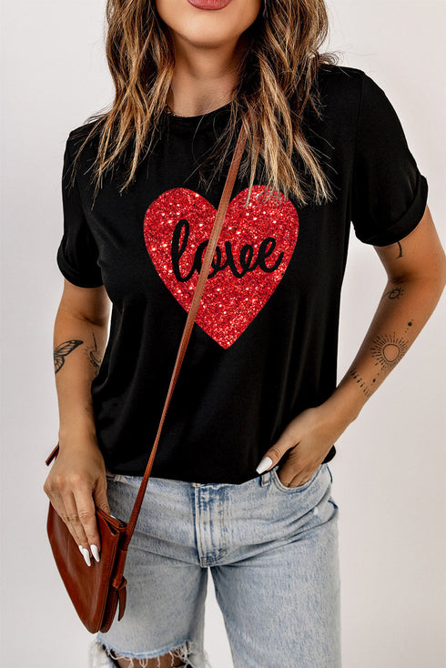 Glitter Heart Graphic Print Short Sleeve Tee