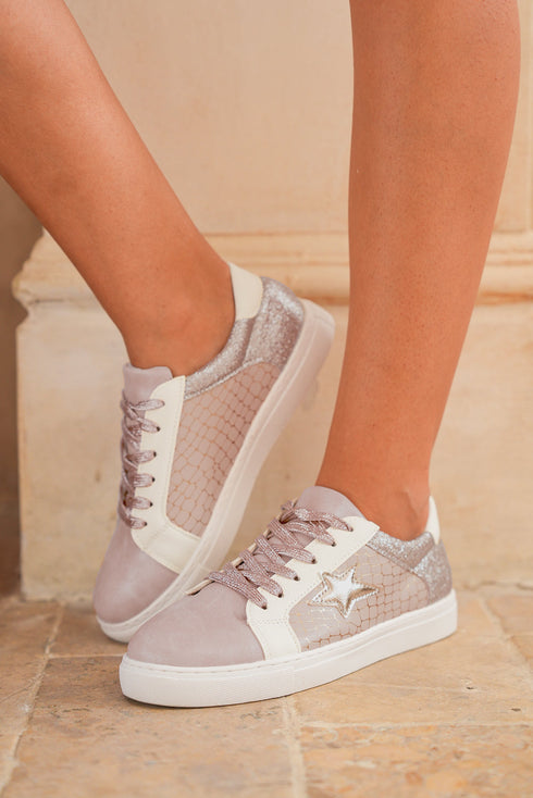 Glitter Star Patchwork Faux Leather Lace Up Sneakers