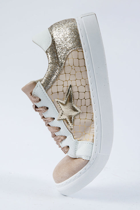 Glitter Star Patchwork Faux Leather Lace Up Sneakers