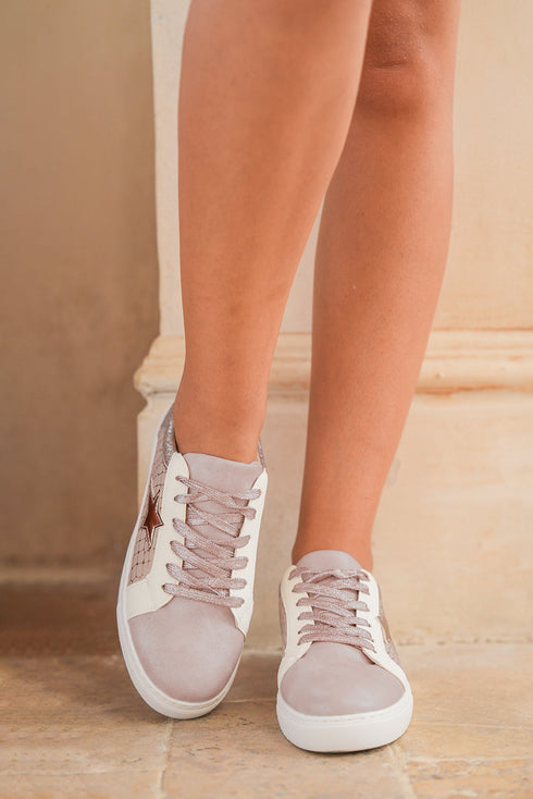 Glitter Star Patchwork Faux Leather Lace Up Sneakers