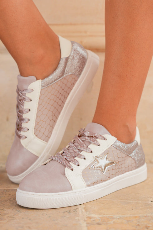 Glitter Star Patchwork Faux Leather Lace Up Sneakers