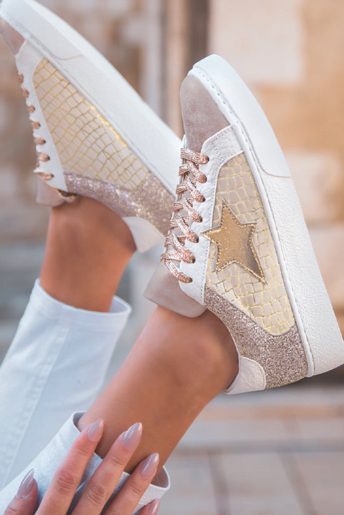 Glitter Star Patchwork Faux Leather Lace Up Sneakers