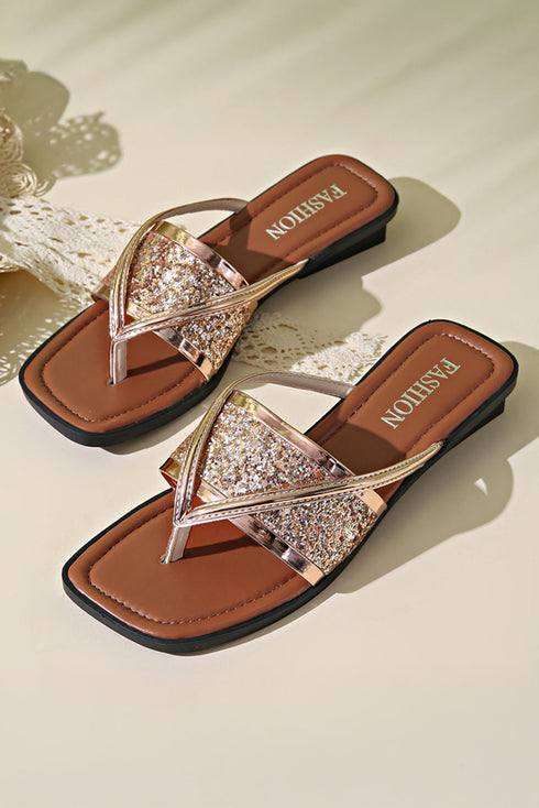 Glitter Strap Square Toe Faux Leather Slide Slipper