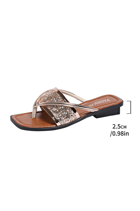 Glitter Strap Square Toe Faux Leather Slide Slipper