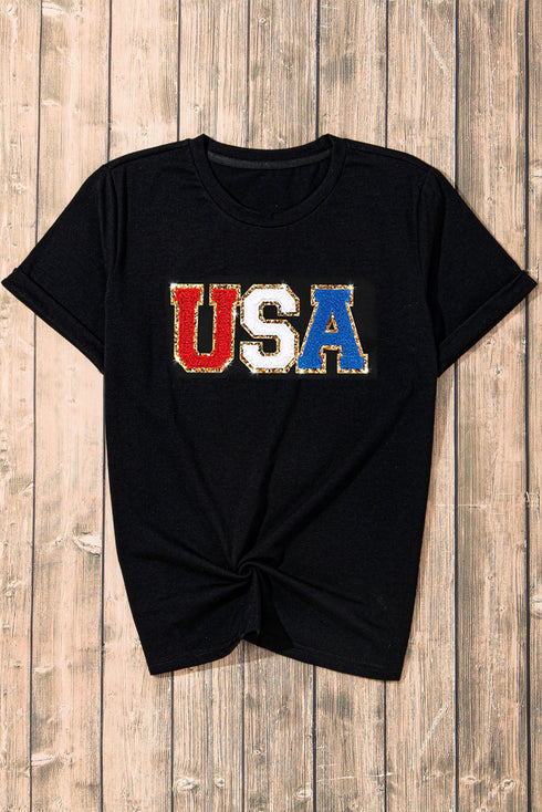 Glitter Trim Chenille USA Graphic Short Sleeve Tee