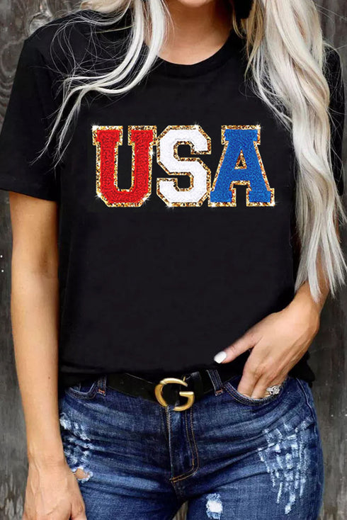 Glitter Trim Chenille USA Graphic Short Sleeve Tee