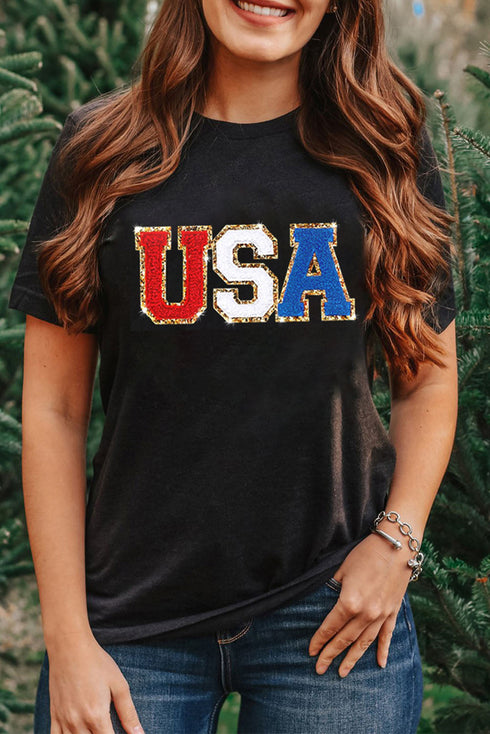 Glitter Trim Chenille USA Graphic Short Sleeve Tee