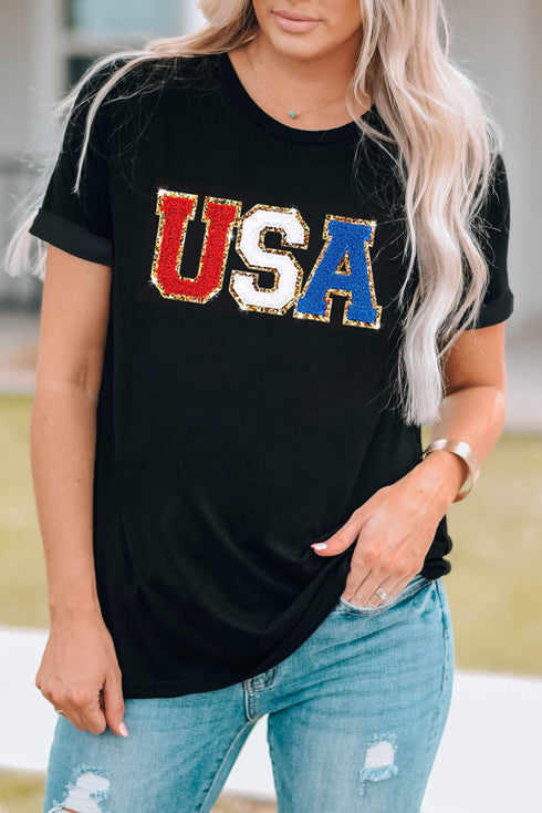 Glitter Trim Chenille USA Graphic Short Sleeve Tee