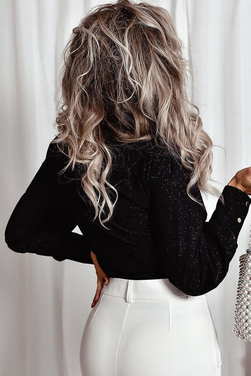 Glitter Wrap V Neck Tie Hem Puff Sleeve Blouse