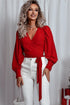 Glitter Wrap V Neck Tie Hem Puff Sleeve Blouse