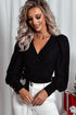 Glitter Wrap V Neck Tie Hem Puff Sleeve Blouse