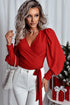Glitter Wrap V Neck Tie Hem Puff Sleeve Blouse