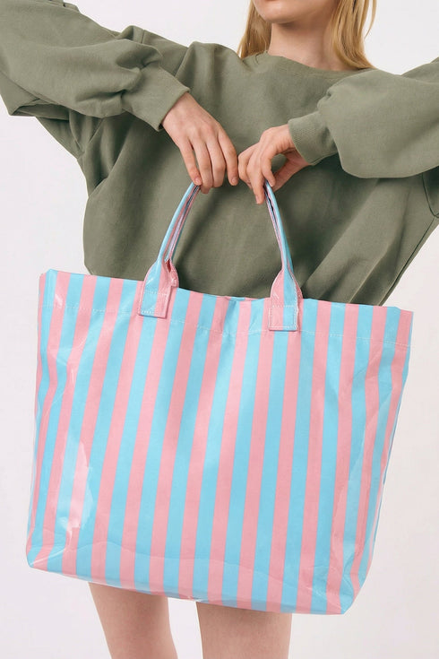 Glossy Striped Polyurethane Alloy Hardware Tote Handbag
