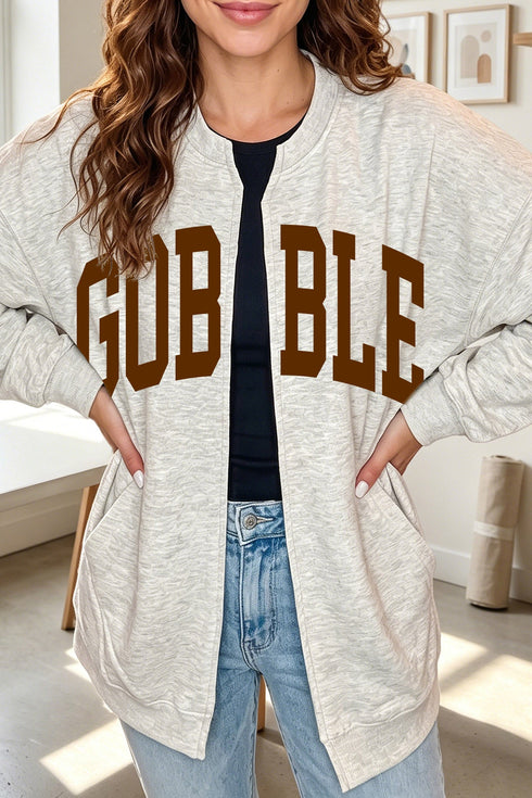 Gobble Slogan Graphic V Neck Zipped Sweatshirt