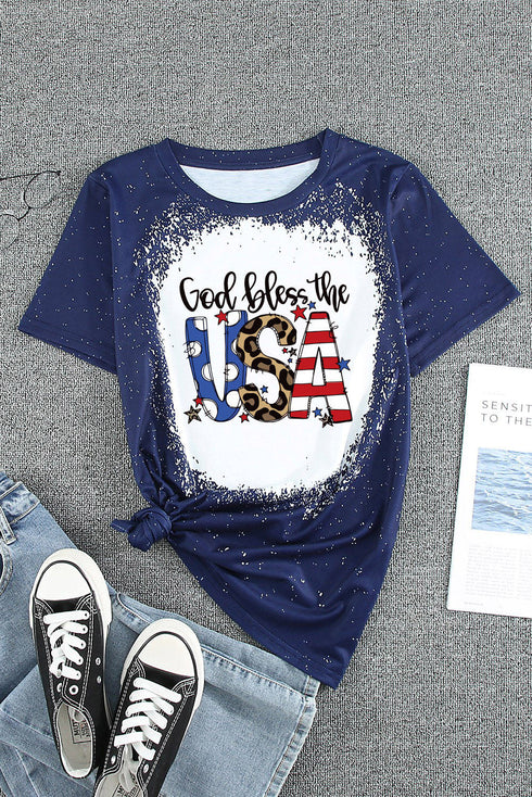 God Bless the USA Print Bleach Short Sleeve T-Shirt